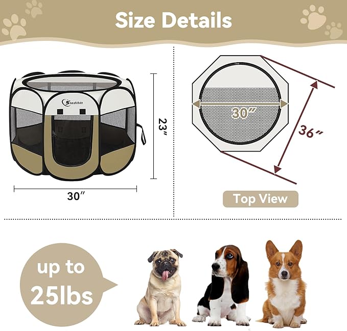 Siedihit Dog Cat Playpen, Medium Puppy Pet Playpen, Dog Crate Tent Cage Indoor/Outdoor, Portable Pop Up Dogs Kennel Playpen with Carrying Case for Dogs/Cats/Rabbits (Khaki,Medium)