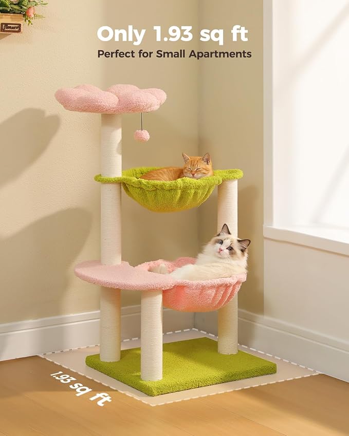 MUTTROS Flower Cat Tree with 2 Large Hammocks, 37.4" Small Cat Tower for Indoor Kitty with 6 Scratching Posts, Cute Cat Tree with Flower Top Perch, Pink