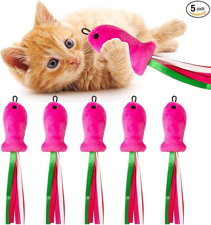 Cat Toys Catnip, 5PCS Floppy Fish Cat Toy Filled Soft Plush, Pink Flopping Fish Chew Kitten Toys, Catnip Wand Toy Attachment with Ribbons, Interactive Cat Toys for Indoor Cats Kitten Play Chew