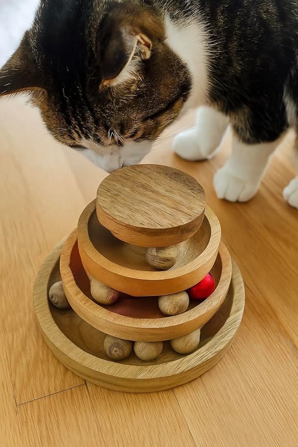 Interactive Cat Toy Tower with Balls & Bell – 3 Tier Track Ball Toy for Indoor Cats & Kittens – Wooden Cat Enrichment Toy for Bored Cats, Exercise & Mental Stimulation 8 x 8 x 4 Inches