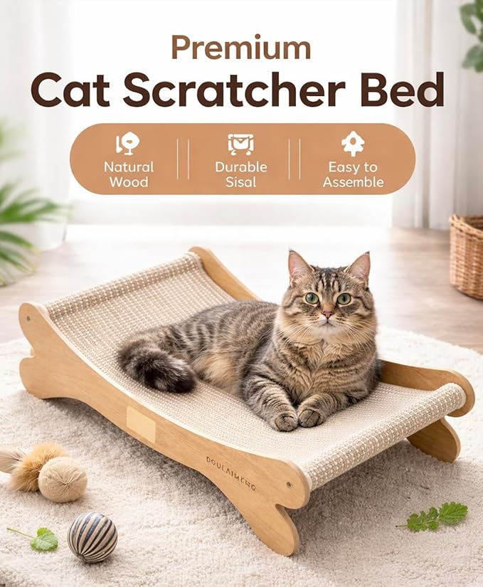 Wooden Cat Hammock Bed – Elevated Pet Lounger for Cats & Small Dogs, Sturdy Natural Wood Frame, Breathable Mesh Sling, Indoor Cozy Pet Furniture