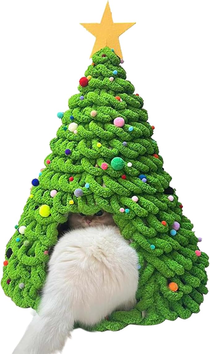 Cat Christmas Tree Bed - Fun Tent Cave House, Kitten Bed Furniture Set with Plush Comfortable Material, and Pet Hideaway for Cats, Dogs, Indoor & Outdoor Use, Family, Friends, Pet Enthusi