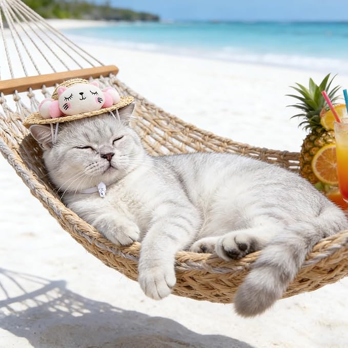 NACOCO Cat Hat Sunflower Straw Hat Handcrafted Rose Lovely Sun Cap Accessories for Small Dogs and Cats Photograph (S, Pink Cat)
