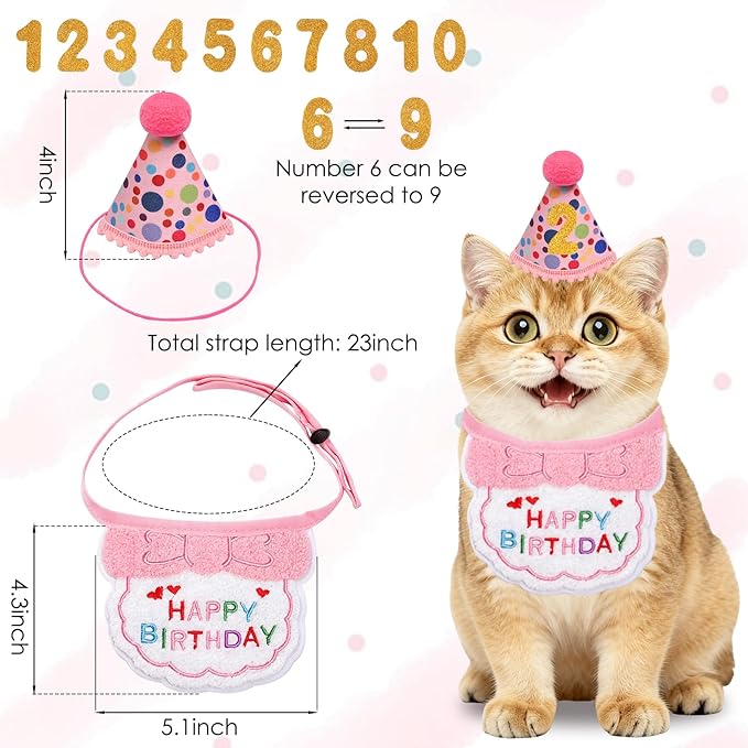 Pink Cat Birthday Hats for Cats with Number Bandana Pet Kitten Birthday Party Supplies Cats Decorations Outfits for Kittens Small Dogs