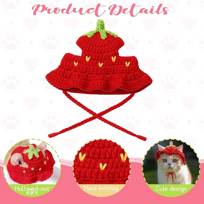 Cat Hats for Cats Only Cute Knit Cat Hat Strawberry Hat with Adjustable Cord Handmade Crochet Cats Clothes Soft Cute Knitted Hats Christmas Party Costume Accessory for Puppy Kitten (Red, Green)