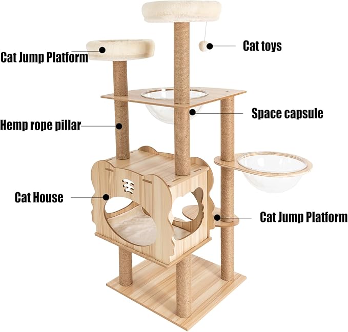 Modern Cat Tree Tower, Indoor Multi-Level Large Cat Condo with Scratching Posts & Acrylic Dome, Floor Standing MDF 54 Inch Round Top Perch Cats Furniture Bed House for Kitten