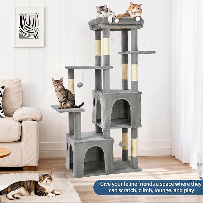 61.4 Inch Cat Tree, Large Cat Tower with Sisal Scratching Posts, 2 Spacious Cat Beds, Hanging Ball & Top Perch, Ideal for Large Indoor Adult Cats, Light Gray