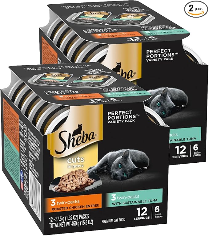 Sheba Perfect Portions Wet Cat Food Cuts in Gravy, Cat Food Wet Recipe, with Sustainable Tuna, Roasted Chicken Entree, 2.6 oz. Twin-Pack Trays (6 Count, 12 Servings) (Pack of 2)