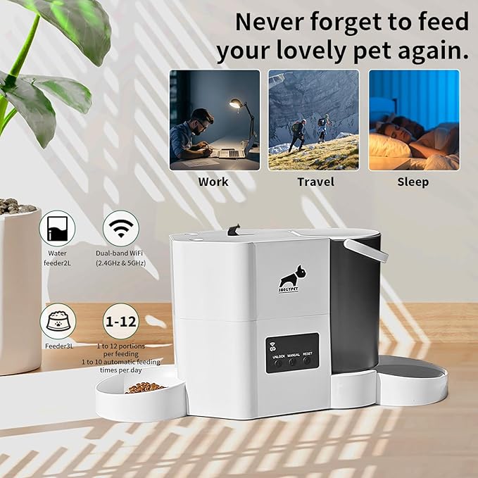 Automatic Cat Feeder 5G/2.4GHz WiFi Feeder and Waterer 2-in-1 Set for Pets, Pet Feeder up to 10Meals per Day, App-Controlled, 3L Food Tank & 2L Water Tank for Cats and Small Dogs