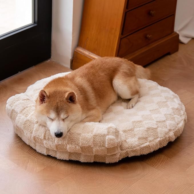 Orthopedic Dog Bed for Medium Small Dogs and Cats Calming Pillow Pet Couch Sofa Puppy Bed with Removable Washable Cover Oval 3D Checkered Plush Pet Furniture 30x25x7 Indoor Beige