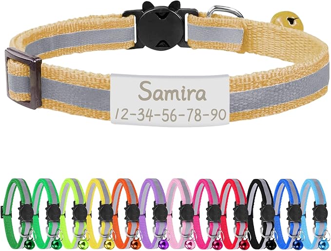 CAMAL Reflective Cat Collar Personalized with Pet ID Tag, Safety Breakaway Cat Collar with Name Tag, Khaki Kitten Collar with Bell for Boy Girl Cats Puppies