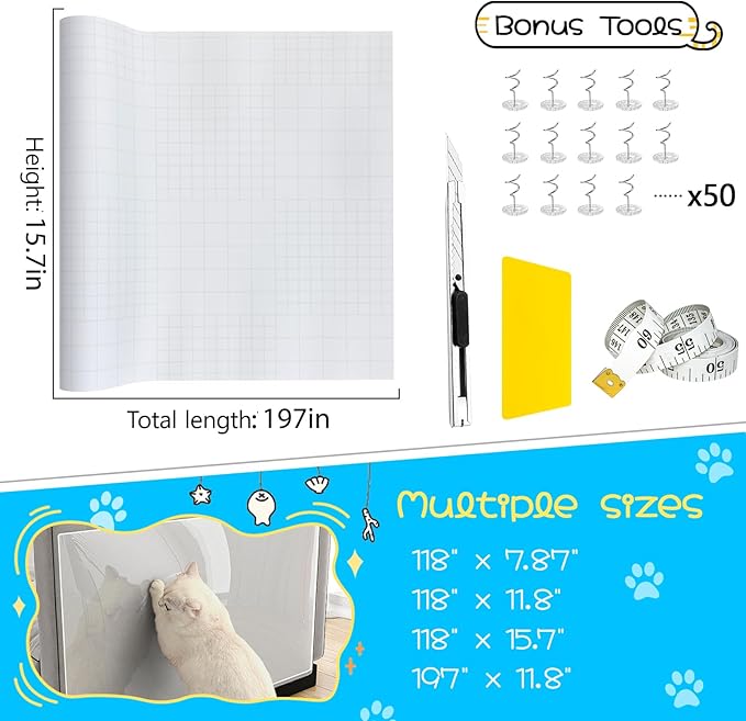 Anti Cat Scratch Furniture Protector, Couch Corner Protectors for Cats, Furniture Protectors from Cats Scratching, Walls, Doors with 50 Twist Pins(15.7" x 197")