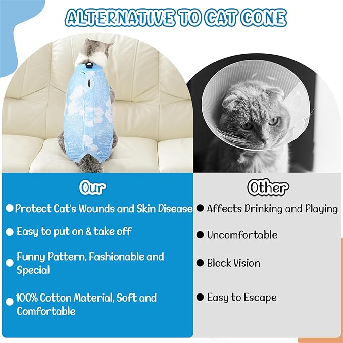 SlowTon Cat Recovery Suit - Cat Onesie for Cats After Surgery Female Male, Kitten Clothes Cats Surgical Spay Suit Abdominal Wounds, E-Collar Alternative Bodysuit Shirt Anti-Licking (Blue Flower,S)