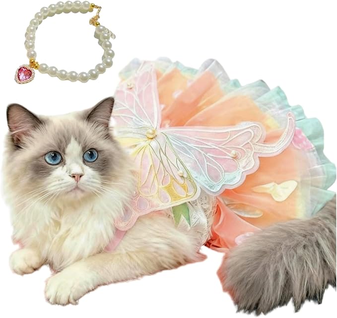 Cat Princess Dress for Small Cats with Necklace, Dogs Lace Wedding Tutu Puppy Butterfly Skirt for Pup Birthday Party