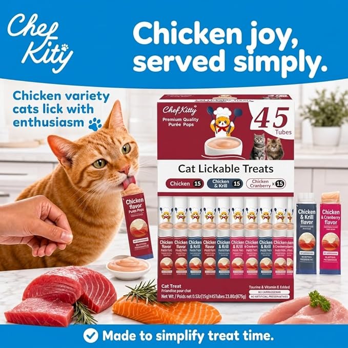 Purée Pops, Cat Treats, Grain-Free, Lickable, Squeezable Creamy Cat Treat/Topper with Vitamin E & Taurine, 0.5 Ounces Each Tube, 45 Tubes, Chicken Mix Variety