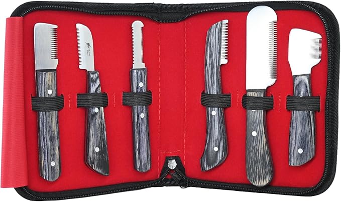 Dog Grooming Stripping Knife Set – 6-Piece Stainless Steel Hand Stripping Tools with Wooden Handles – Coarse, Medium, Fine & Extra-Fine Knives for Dogs, Cats & Wire-Coated Pets (Black)