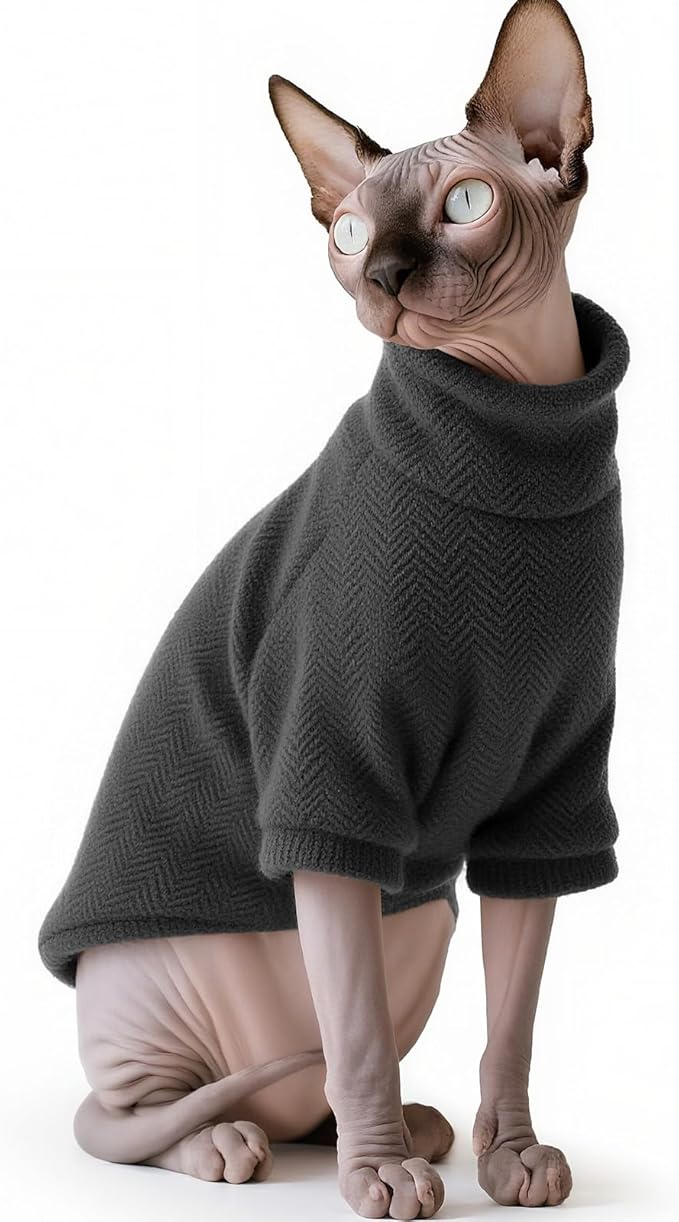 Idepet Sphynx Cat Warm Turtleneck Sweater Hairless Cats Shirt Pullover Kitten T-Shirts Thick Soft Fleece Clothes Cute Outfit Coat Pajamas for Cats and Puppy (Dark Gray, Medium)