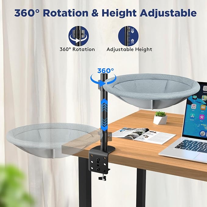 AIPERRO Cat Desk Bed - 360° Rotating & Height Adjustable Cat Hammock Perch, Sturdy Cats Bed for Desk with Removable Washable Cover, Supports Up to 60lbs, Perfect for Indoor Cats