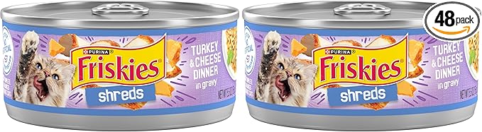 Friskies Purina Shreds Turkey and Cheese Dinner in Gravy High Protein Wet Cat Food - 5.5 oz. Cans,(Pack of 48)