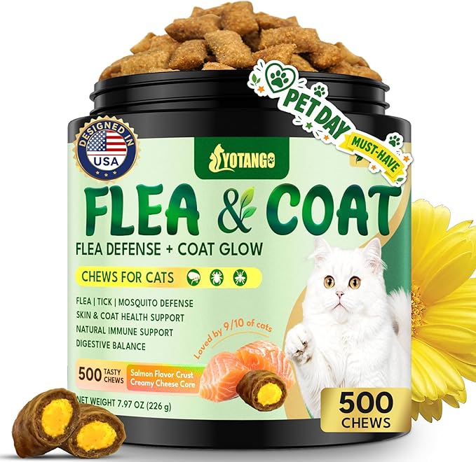 YOTANGO Cat Flea Treatment Crunchy & Creamy Chewables, 500 Chews Natural Flea and Tick Prevention for Cats + Skin and Coat Support, Daily Oral Supplement Chewables for Cats and Kittens (Salmon Flavor)