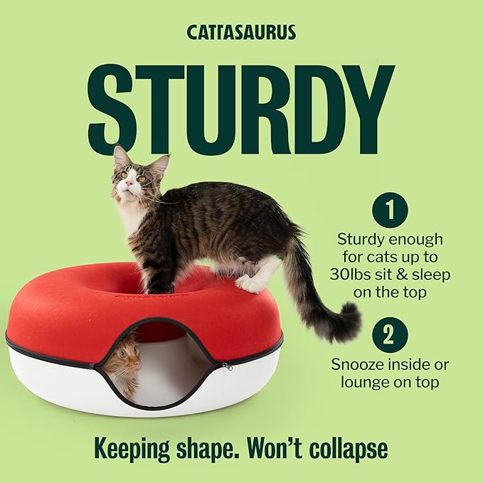 Cattasaurus Peekaboo Cat Cave, Extra Spacious for Multiple & Large Cats 12+ lbs, Scratch Detachable Cat Beds for Indoor Cats, Washable Tunnel Bed, Comfy Donut Tunnel (Ruby Snowball, Jumbo)