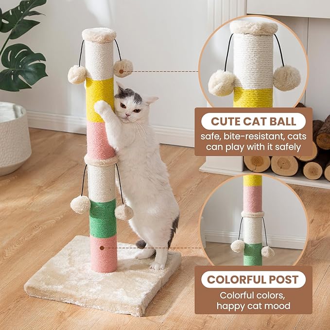 30 Inch High Cat Scratching Post with 4 Plush Teasing Toy Balls, Natural Sisal Rope Post and Thickened Base, Red Green Yellow White