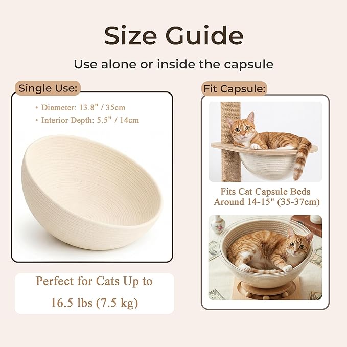 Cotton Rope Cat Bed Mat for Space Capsule, 13.8" Breathable Round Nest Liner, All-Season Warm & Cooling Pet Pad, Washable Scratch-Resistant Bedding for Cat Tree & Clear Bowl