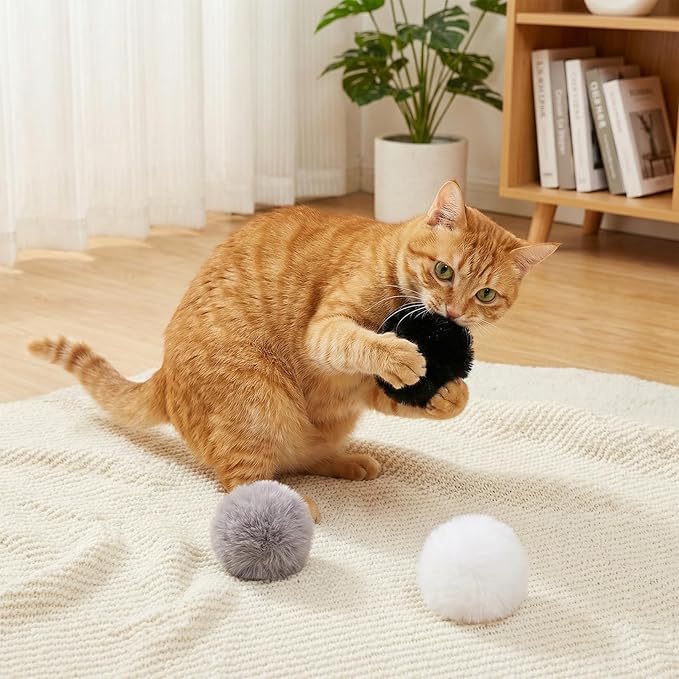 12 Pcs Cat Pom Pom Balls, Rabbit Fur Ball Cat Toy Fluffy Soft Fuzzy Balls for Cats Pets Interactive Playing Indoor, 2.75 Inches in Diameter (Gray Black White)