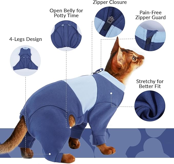 QBLEEV Cat Clothes, Soft Cat Sweaters for Cats Only, Kitten Surgery Recovery Suit Onesie Pajamas, Four Legs Cats Shirts Apparel Clothing for Hair Loss Prevention, Blue, XL