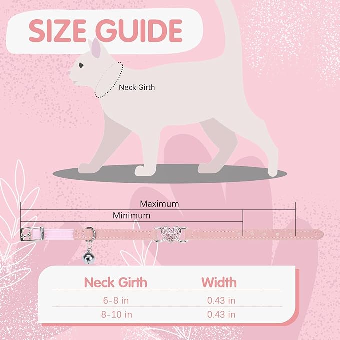 BINGPET Diamond Cat Collar,Adjustable Soft Velvet Leather Safe Kitten Collar with Crystal Heart Charm and Bells,Girl Boy Bling Stylish Cat Collars with Safety Elastic (Pink, Neck Girth 8"-10")