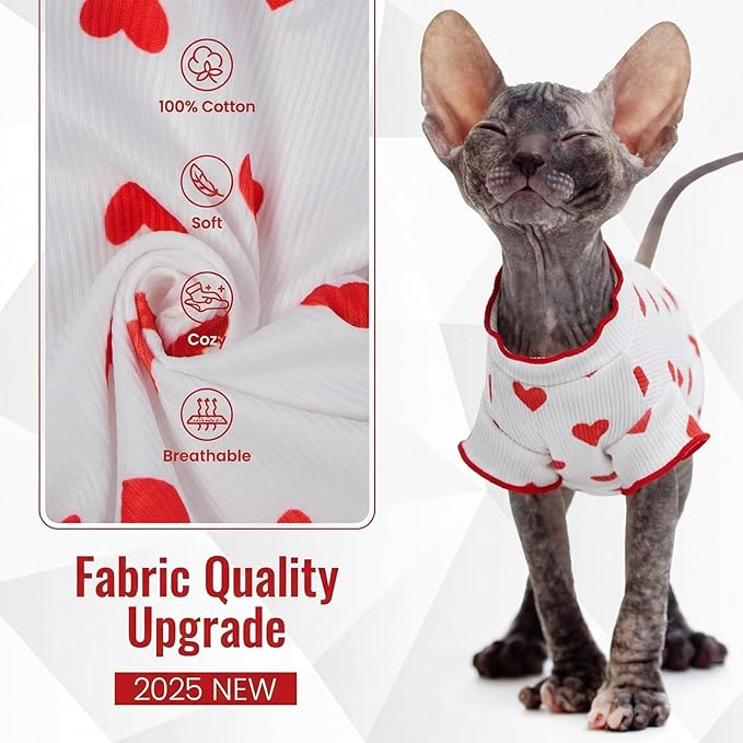 DENTRUN Heart Pattern Sphynx Hairless Cats Shirt, Kitten T-Shirts with Perlin Sleeves, Breathable Cat Wear Cute Sweater Adorable Hairless Cat's Clothes Vest Pajamas Jumpsuit