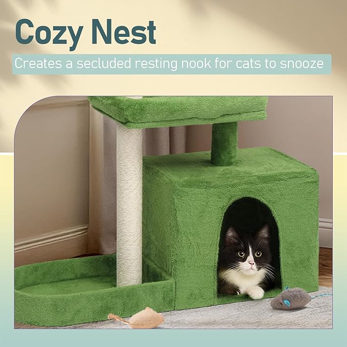 40in Cat Tree with Leaves, Multi-Level Cat Tower with Scratching Post, Cozy Condo & Padded Perch, Dangling Ball Toy for Kittens and Indoor Cats, Compact Cat Furniture for Small Spaces, Green