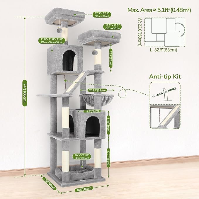 Globlazer 74in Heavy Duty Cat Tree for Large Indoor Cats, Multi-Level Cat Tower with Scratching Post, Cat Condos with Climbing Ladder, Hammock, Extra Large Top Perches, Pet Bed, F74D, Light Grey