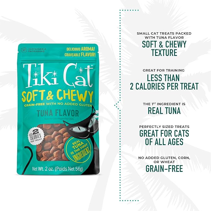 Tiki Cat Soft & Chewy Grain Free Dry Cat Treats, Tuna, 2 oz. Pouch (8 Count)