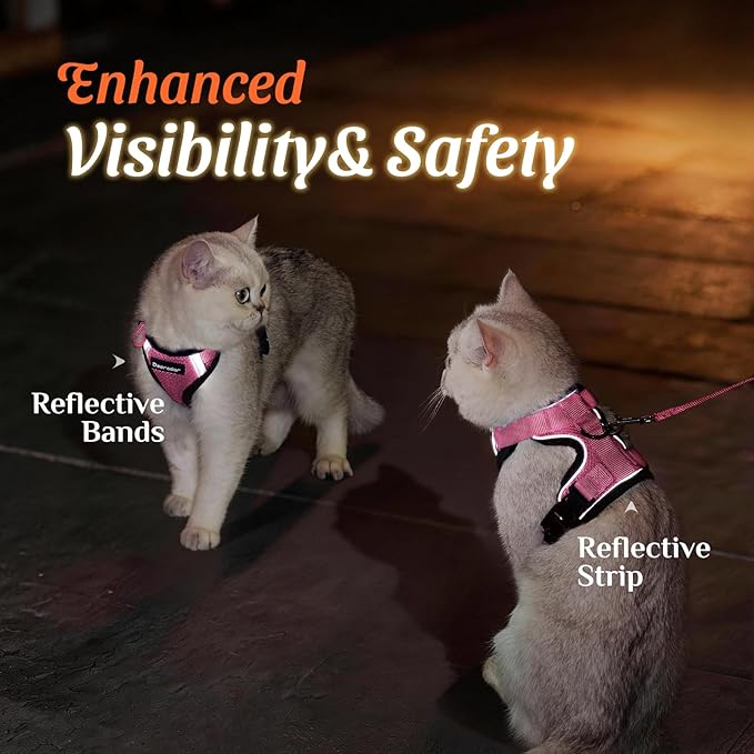 Dooradar Cat Harness and Leash Set, Escape Proof Soft with 3 Adjustable Buckles, Comfortable Vest Easy to Wear Kitten Harness with Reflective Strip, Safe for Outdoor Walking, Pink, M
