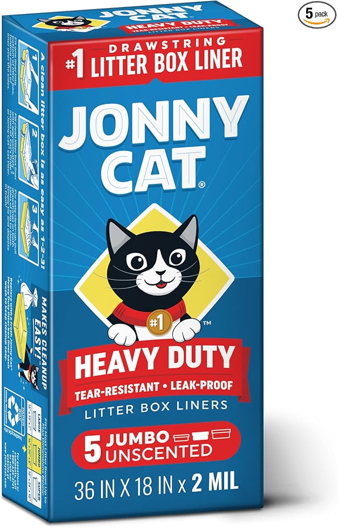 Jonny Cat Litter Box Liners: Heavy Duty - Tear & Leak Resistant - Drawstring Close - Jumbo, 5 Count