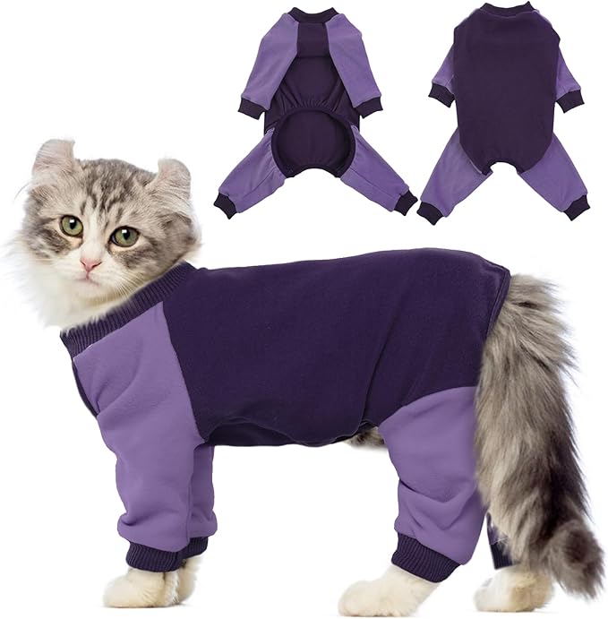 QBLEEV Sticky Hair Cat Clothes, Soft Cat Pajamas for Cats Only, Prevent Lost Fur Kitten Sweater Onesie, Stretchy Recovery Suit for Female Male Cats After Surgery Daily Wear, Purple, XS