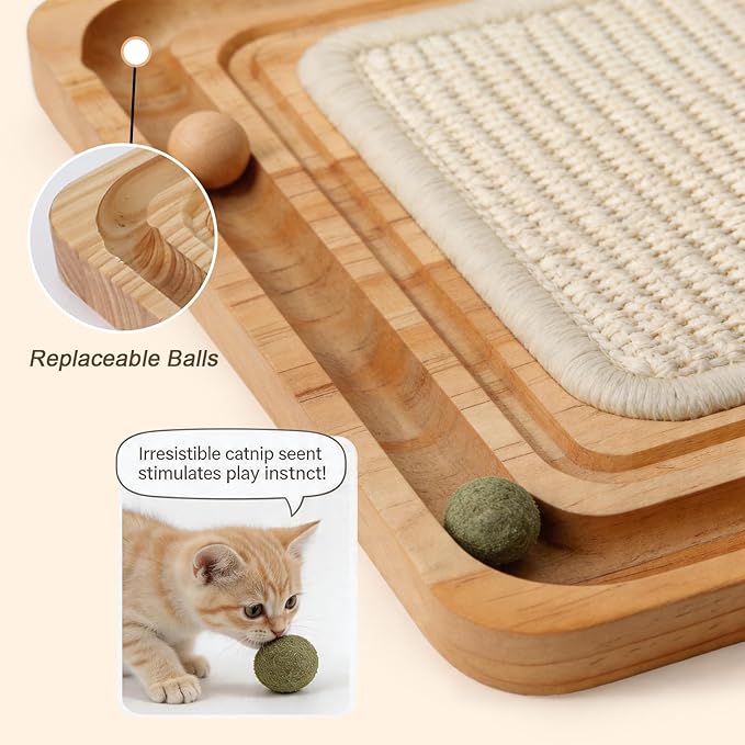 Cat Scratching Pad with Ball Track Toy Interactive Cat Scratcher Board with Rolling Balls Natural Wood Sisal Cat Scratch Pad for Indoor Cats