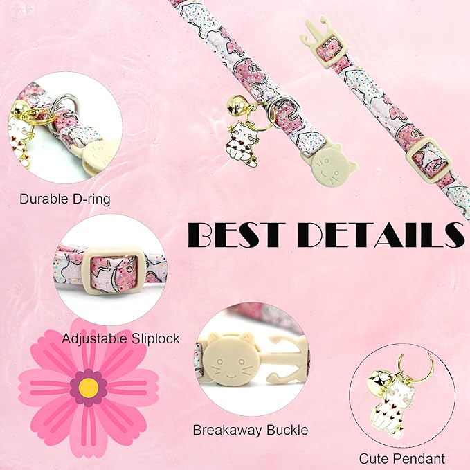 Elegant little tail 2 Pack Cat Collar-Pink Cotton Breakaway Cat Collars with Bell Pendant Kitten Boy Girl Safety Adjustable Collar for Small Cats Puppy