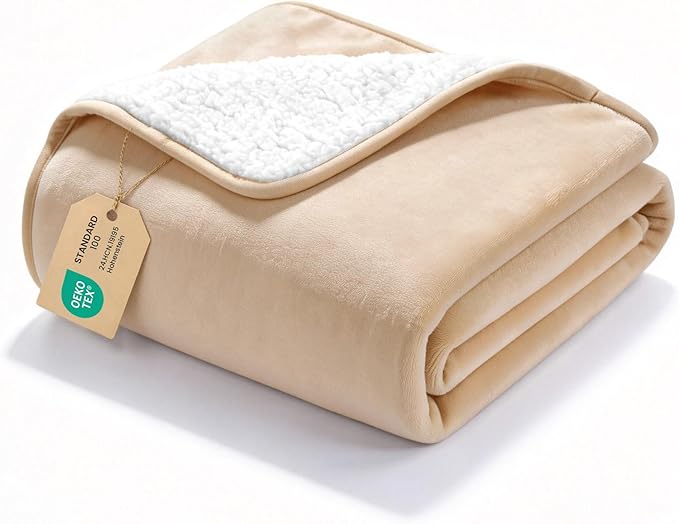 gogobunny Waterproof Bed Blanket, Reversible Sherpa Fleece Throw Blanket for Dog Puppy Cat, Furniture Cover Protects Bed Couch Sofa from Liquid Pee and Pet Fur (Beige, 25x35 inches)