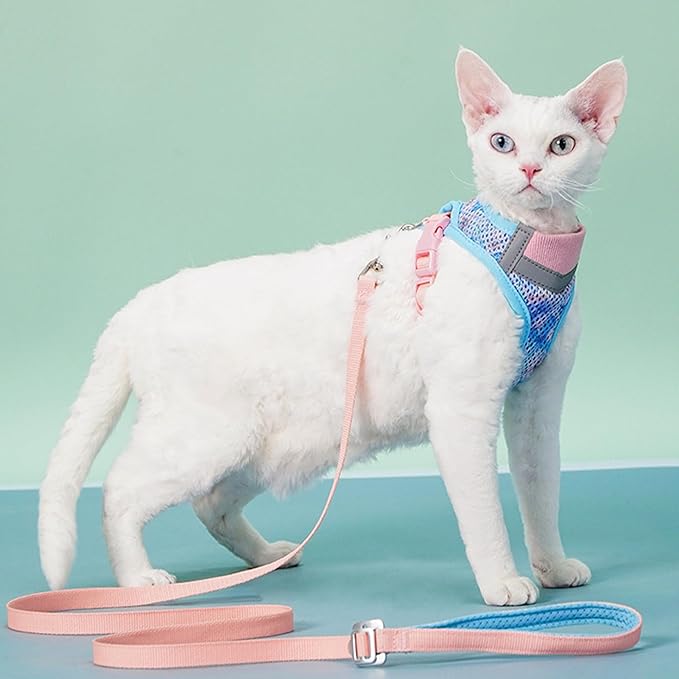 Cat Harness and Leash Set for Comfortable Outdoor Walking, Escape Proof, Adjustable Soft Kitten Vest Harness with Reflective Strip for Cats, Small Dogs (Blue Pink, M)