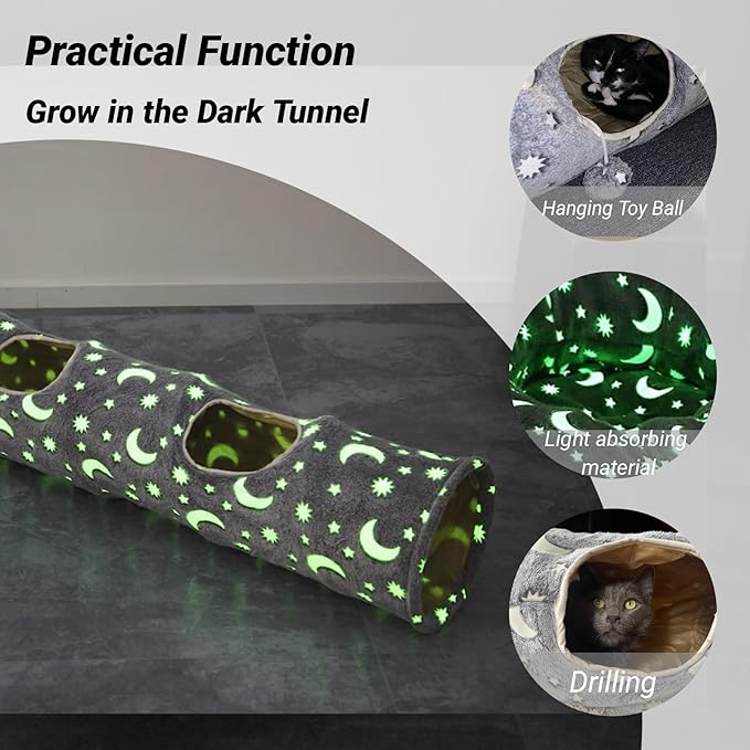 Cat Tunnel Tube with Plush Ball Toys Collapsible Self-Luminous Photoluminescence, for Small Animals Pets Bunny Rabbits, Kittens, Ferrets,Puppy and Dogs Grey Moon Star