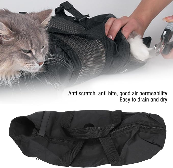 Tissting Cat Grooming Bag for Nail Trimming & Bathing - 18.11x9.45in Adjustable Breathable Mesh Restraint Bag with Zipper Openings, Anti Scratch Pet Grooming Holder for 6-8 Pounds Gentle Cat