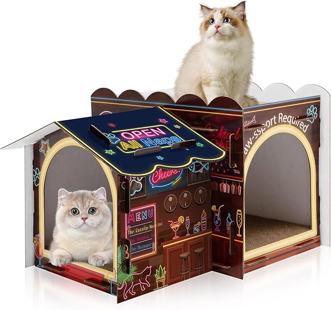 Lineshading 2 Story Cardboard Cat House with Scratcher Pad, Multi Level Durable Cat Scratcher House for Small Kitten Bunny Rabbit Animals Christmas Birthday Gift(17x12x10,Bar)
