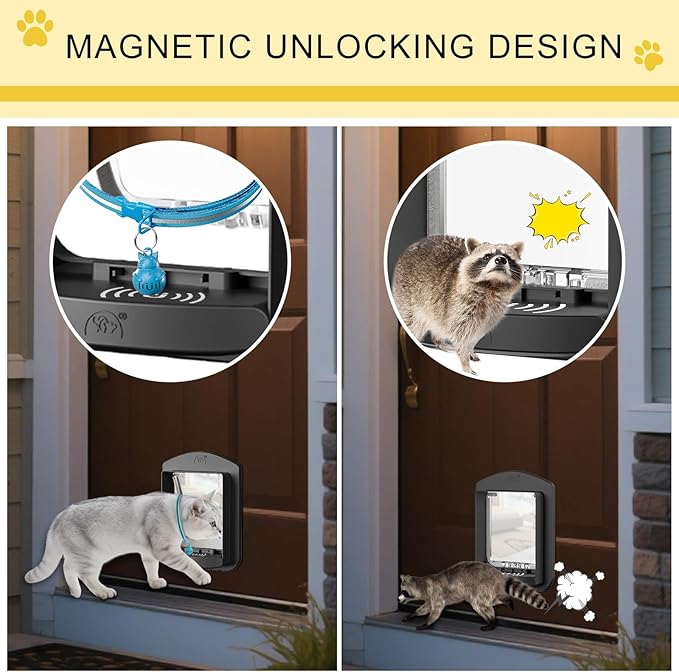 Cat Door for Interior Door and Exterior Door, Pet Door with Collar Sensor and 2pcs of Cat Magnetic Collars, 4 Way Locking Cat Door with Magnetic Flap, Black