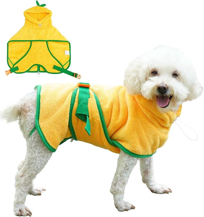 Pet Bathrobe for Dog Cat Absorbently Quick Drying Coat Cute Dogs Bath Towel Hooded Robe Adjustable Collar & Belly Strap for Pool Beach (Yellow, Medium)