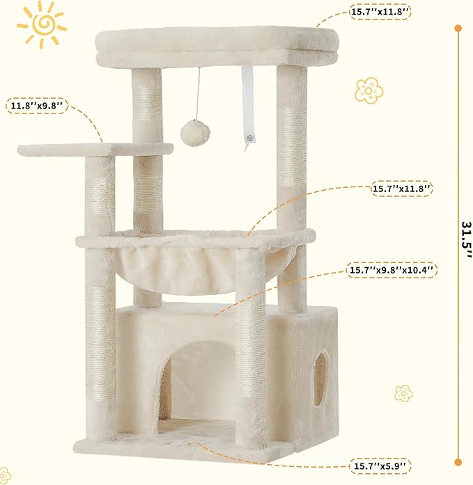 Heybly Cat Tree, Kitten Tower with Large Soft Cat Basket,Cat Condo with Spacious Cat Bed Cave with Hidden Space，Sisal-Covered Scratching Posts,Dangling Ball for Indoor Cats, Beige HCT008SM