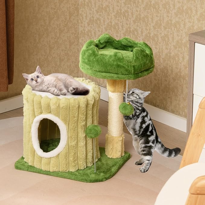 Tangkula Small Cat Tree, Green Cat Tower with Private Cat Condo, Plush Top Perch, Hanging Pompom & Spring Toy, Sisal Scratching Post, Cute Cat Climbing Tree for Indoor Cats