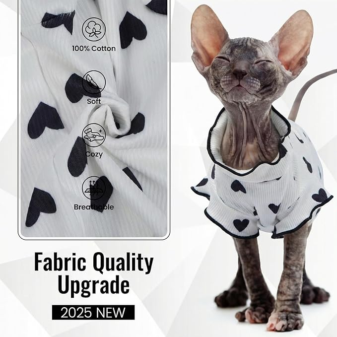 DENTRUN Heart Pattern Sphynx Hairless Cats Shirt, Kitten T-Shirts with Perlin Sleeves, Breathable Cat Wear Cute Sweater Adorable Hairless Cat's Clothes Vest Pajamas Jumpsuit