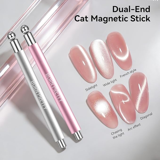 BORN PRETTY 3-in-1 Cat Magnetic Eye Magnet for Nails,Dual-Ended Cylindrical Magnetic Wand with Round Beads Multi-Function Cat Magnetic Eye Magnet Stick 3D Magnet Nail Art Design Tool for DIY(Silver)